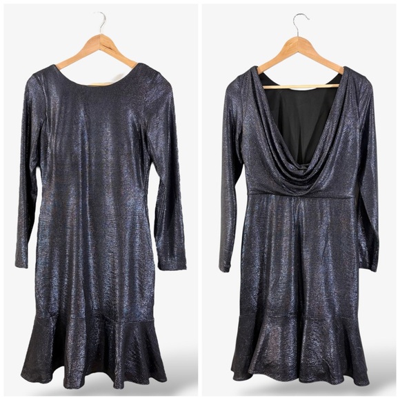 NightWay Shimmer Navy Dress Draped Back Size 12 Fluted Hem Evening Formal Bridal - Picture 1 of 12